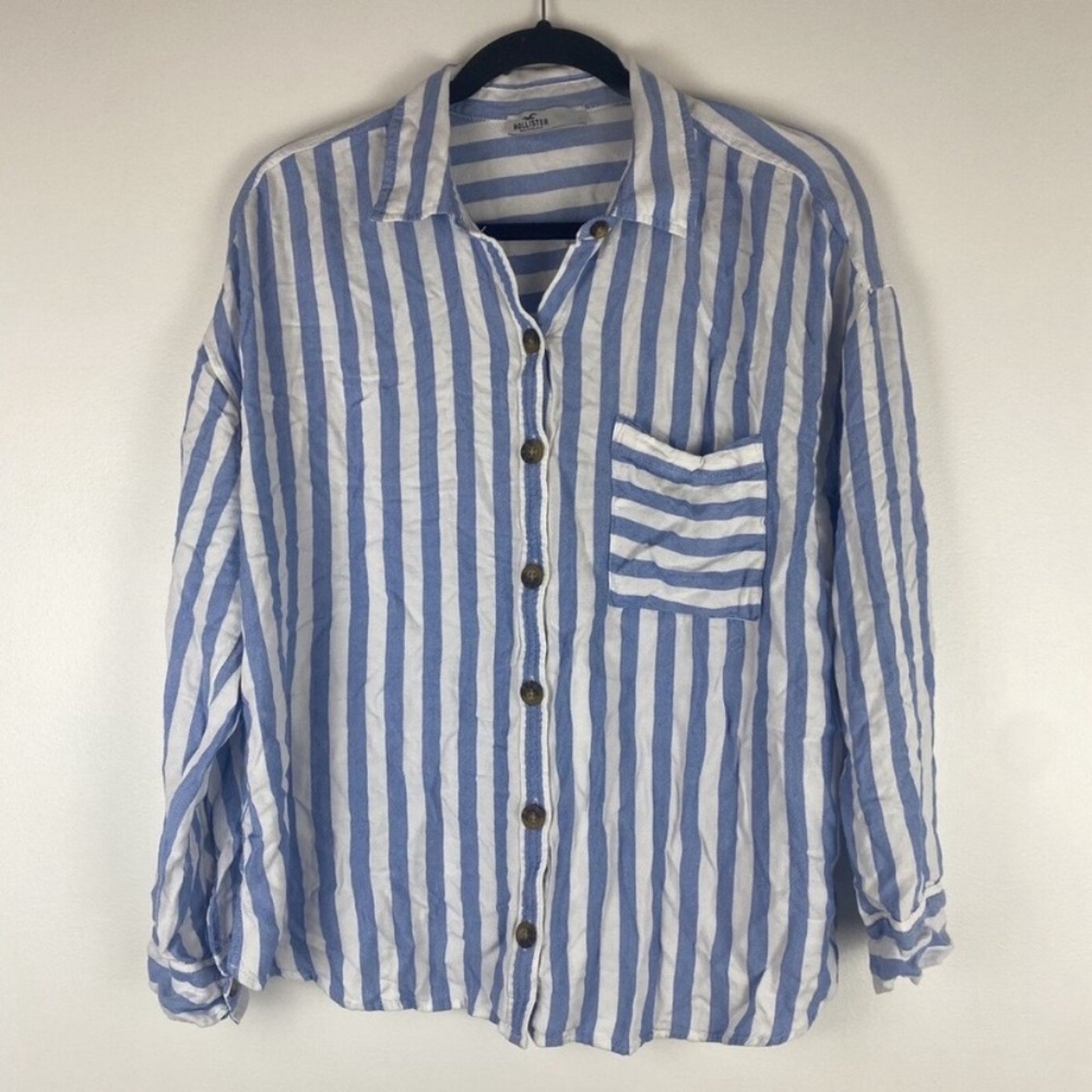 Hollister Women's Button Up Striped Boxy Blue White Nautical Preppy Size Medium